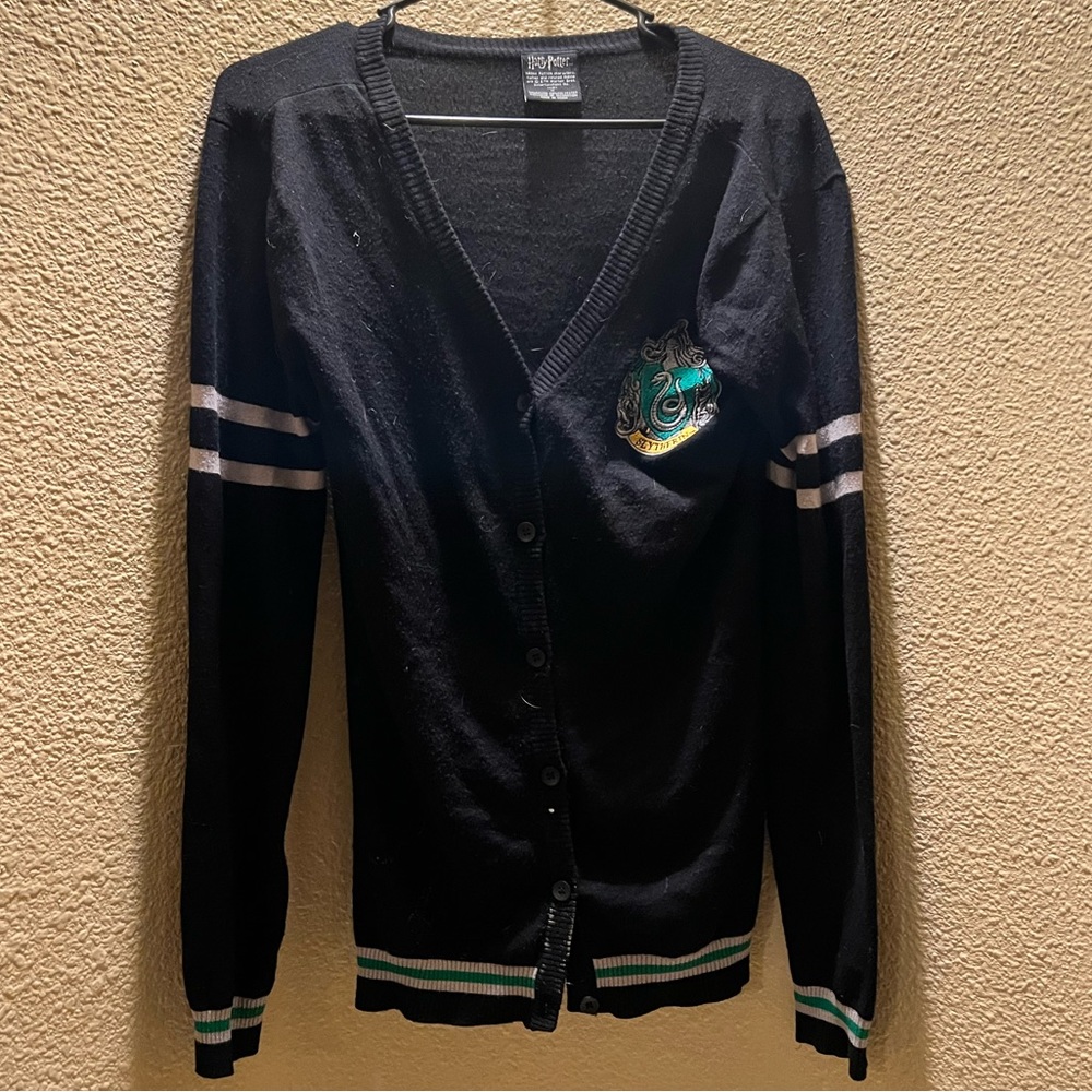 Harry Potter Womens' Slytherin House Crest Open Front Cardigan Knit Sweater